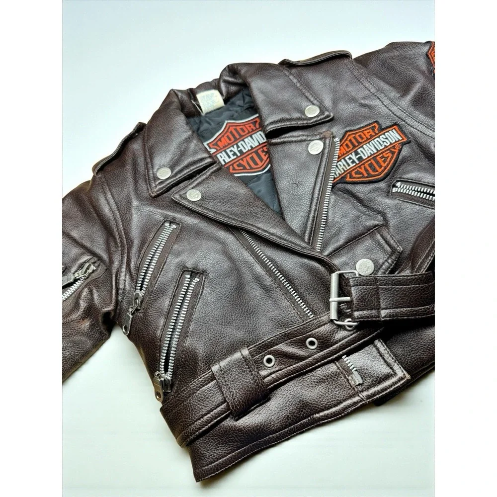 VINTAGE 90's HARLEY DAVIDSON‎ BROWN EMBROIDERED BIKER JACKET Toddler Sz 2T